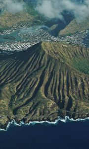 Preview wallpaper mountains, peaks, aerial view, coast, clouds