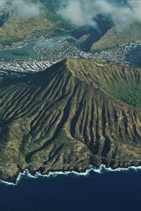 Preview wallpaper mountains, peaks, aerial view, coast, clouds