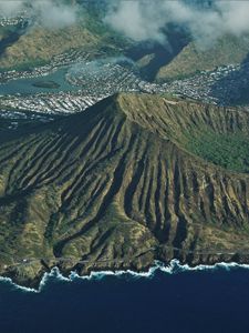 Preview wallpaper mountains, peaks, aerial view, coast, clouds