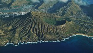 Preview wallpaper mountains, peaks, aerial view, coast, clouds