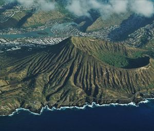 Preview wallpaper mountains, peaks, aerial view, coast, clouds