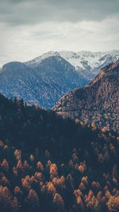 Preview wallpaper mountains, peaks, autumn, snowy, trees, sky