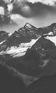 Preview wallpaper mountains, peaks, bw, snow, snowy, rocks