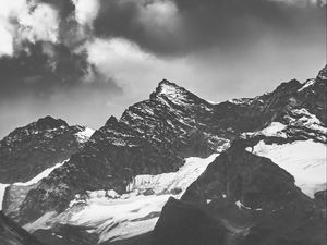 Preview wallpaper mountains, peaks, bw, snow, snowy, rocks