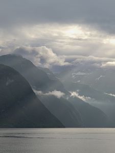 Preview wallpaper mountains, peaks, clouds, sea, landscape