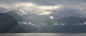 Preview wallpaper mountains, peaks, clouds, sea, landscape