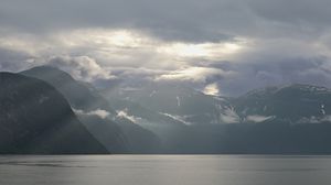 Preview wallpaper mountains, peaks, clouds, sea, landscape