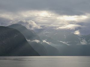 Preview wallpaper mountains, peaks, clouds, sea, landscape