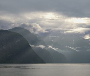 Preview wallpaper mountains, peaks, clouds, sea, landscape