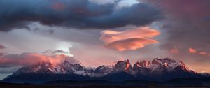 Preview wallpaper mountains, peaks, clouds, sky, landscape, sunrise