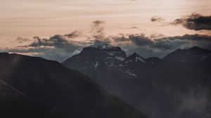 Preview wallpaper mountains, peaks, clouds, fog, dusk