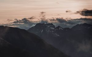 Preview wallpaper mountains, peaks, clouds, fog, dusk
