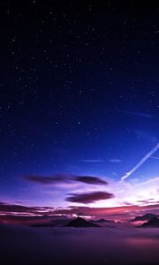 Preview wallpaper mountains, peaks, clouds, starry sky, aerial view, night