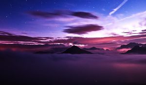 Preview wallpaper mountains, peaks, clouds, starry sky, aerial view, night