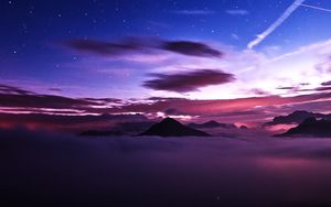 Preview wallpaper mountains, peaks, clouds, starry sky, aerial view, night