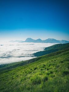 Preview wallpaper mountains, peaks, clouds, slope, grass