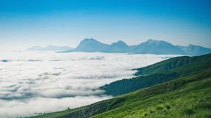Preview wallpaper mountains, peaks, clouds, slope, grass