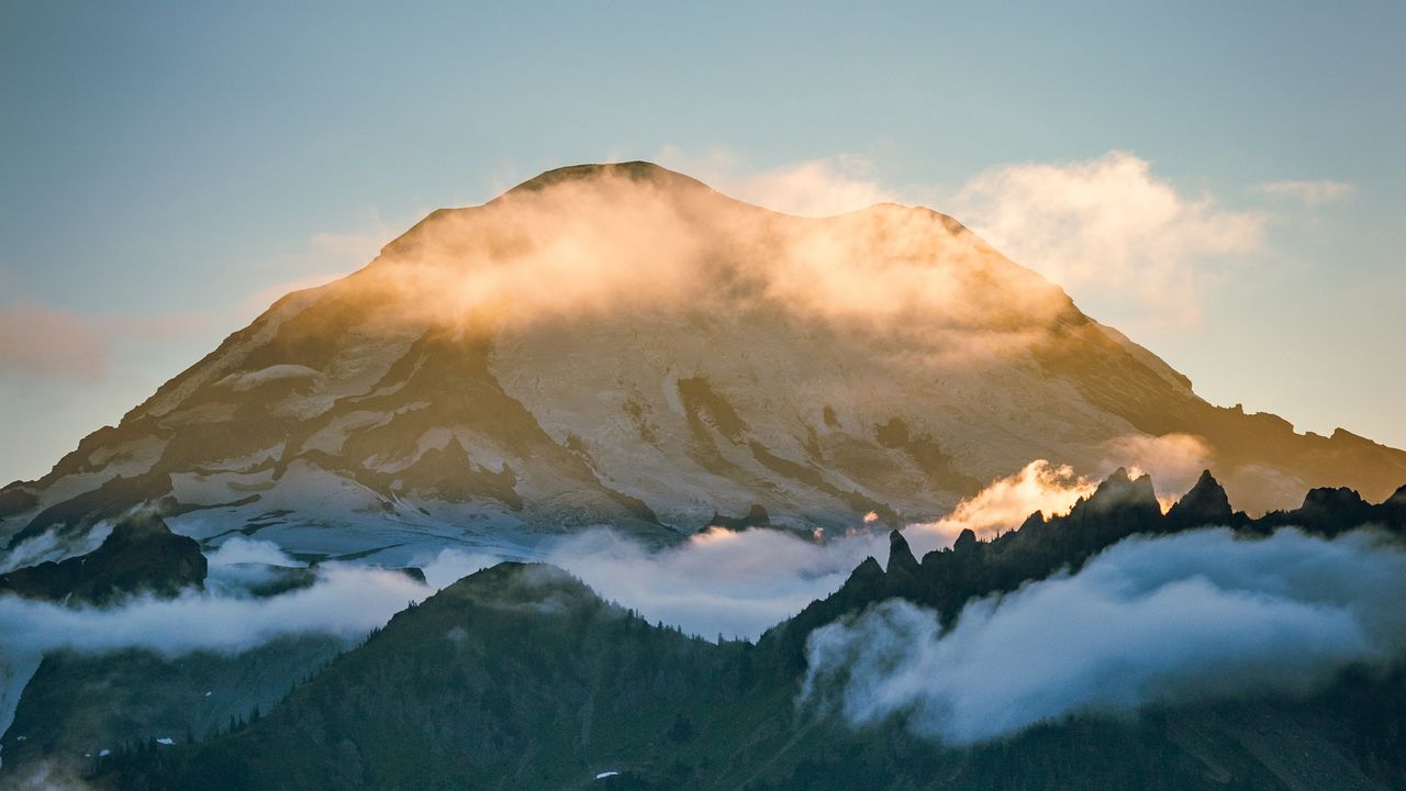 Wallpaper mountains, peaks, clouds, slope, trees