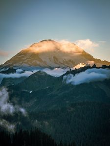 Preview wallpaper mountains, peaks, clouds, slope, trees