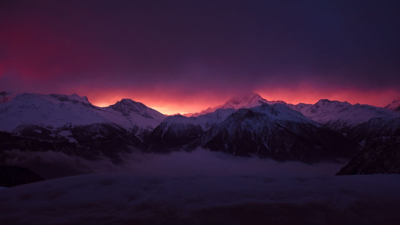 Wallpaper mountains, peaks, fog, sunset, sky, snow, clouds, dark