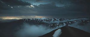 Preview wallpaper mountains, peaks, fog, twilight, clouds, height