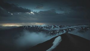 Preview wallpaper mountains, peaks, fog, twilight, clouds, height