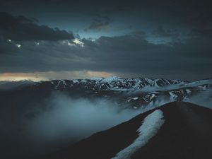 Preview wallpaper mountains, peaks, fog, twilight, clouds, height