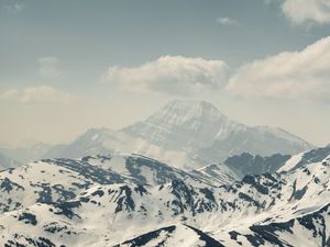 Preview wallpaper mountains, peaks, fog, snow, clouds, landscape