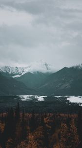 Preview wallpaper mountains, peaks, fog, forest, clouds