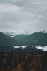 Preview wallpaper mountains, peaks, fog, forest, clouds