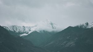 Preview wallpaper mountains, peaks, fog, forest, clouds