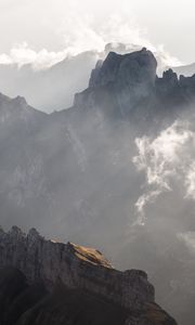 Preview wallpaper mountains, peaks, fog, clouds, mountain range