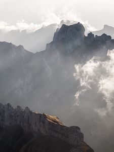 Preview wallpaper mountains, peaks, fog, clouds, mountain range