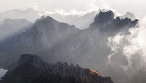 Preview wallpaper mountains, peaks, fog, clouds, mountain range