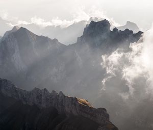 Preview wallpaper mountains, peaks, fog, clouds, mountain range