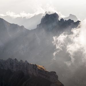 Preview wallpaper mountains, peaks, fog, clouds, mountain range