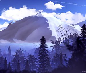 Preview wallpaper mountains, peaks, forest, clouds, art