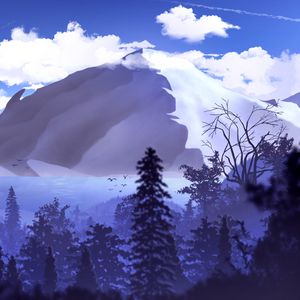 Preview wallpaper mountains, peaks, forest, clouds, art