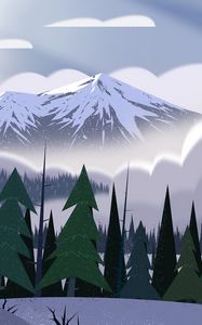 Preview wallpaper mountains, peaks, forest, fog, spruce, art