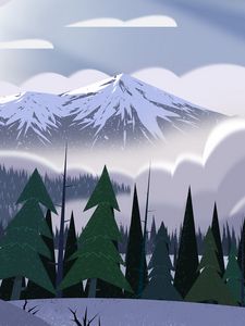 Preview wallpaper mountains, peaks, forest, fog, spruce, art