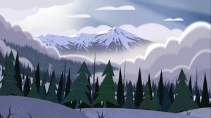 Preview wallpaper mountains, peaks, forest, fog, spruce, art