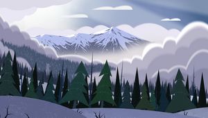 Preview wallpaper mountains, peaks, forest, fog, spruce, art