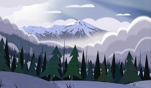 Preview wallpaper mountains, peaks, forest, fog, spruce, art