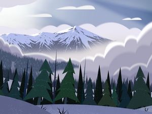 Preview wallpaper mountains, peaks, forest, fog, spruce, art