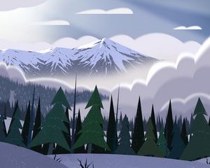 Preview wallpaper mountains, peaks, forest, fog, spruce, art