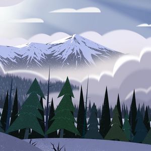 Preview wallpaper mountains, peaks, forest, fog, spruce, art