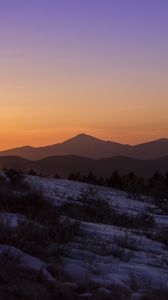 Preview wallpaper mountains, peaks, hills, slope, snow, bushes