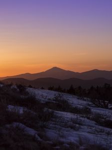 Preview wallpaper mountains, peaks, hills, slope, snow, bushes