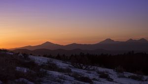 Preview wallpaper mountains, peaks, hills, slope, snow, bushes