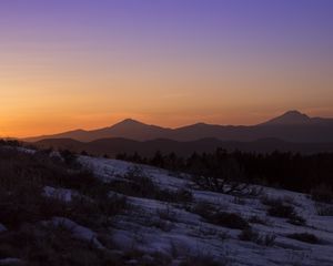 Preview wallpaper mountains, peaks, hills, slope, snow, bushes